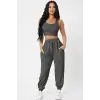 ieg™ Kadın Antrasit Gri Kaşkorse Cepli Jogger Eşofman Altı ve Crop Top Bluz