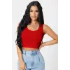 ieg™ Kadın Kırmızı Kare Yaka Crop Top Bluz