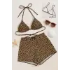 ieg™ Kadın Leopar Desenli Şortlu Belden ve Boyundan Bağlamalı Bikini Takımı