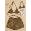 ieg™ Kadın Leopar Desenli Şortlu Belden ve Boyundan Bağlamalı Bikini Takımı