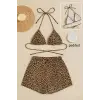 ieg™ Kadın Leopar Desenli Şortlu Belden ve Boyundan Bağlamalı Bikini Takımı
