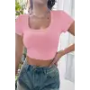 ieg™ Kadın Pembe Yarım Kol Düz Yaka Crop Top Bluz