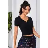 ieg™ Kadın Siyah Çift Fermuarlı Yarım Kol Crop Top Bluz