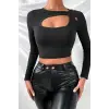 ieg™ Kadın Siyah Göğüs Dekolteli Çapraz Askılı Uzun Kollu Crop Top Bluz