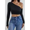 ieg™ Kadın Siyah Tek Omuz Detaylı Uzun Kol Crop Top Bluz