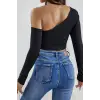 ieg™ Kadın Siyah Tek Omuz Detaylı Uzun Kol Crop Top Bluz