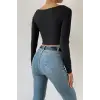 ieg™ Kadın Siyah Uzun Kol Göğüs Dekolteli Şık Crop Top Bluz