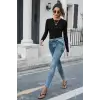 ieg™ Kadın Siyah Uzun Kollu Fit Basic Crop Top Bluz