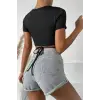 ieg™ Kadın Siyah Yarım Kol Çapraz Bağlamalı Crop Top Bluz