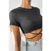 ieg™ Kadın Siyah Yarım Kol Çapraz Bağlamalı Crop Top Bluz
