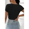ieg™ Kadın Siyah Yarım Kol Düz Yaka Crop Top Bluz