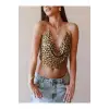 ieg™ Kristal Leopard Taşlı Parlak Crop & Bluz Kolsuz Kayık Yaka Parti Plaj Büstiyer