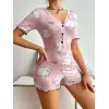 ieg™ Pamuklu Pembe Kuzu Desenli Düğmeli Uzun Kol Tulum Pijama