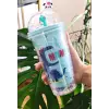 Sevimli Dino Temalı Çift Katman 450 ml Suluk Pipetli Mika Mavi 2769
