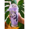 Sevimli Panda Temalı Çift Katman 450 ml Suluk Pipetli Mika Matara Mor 2770