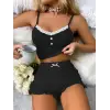 ieg™ Siyah Likralı Düğmeli Yumuşacık 2Lİ Pijama Takımı