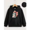 iegiyim™ Çocuk Unisex Kapüşonlu Tatlı Kedi Baskılı Sweatshirt - Siyah