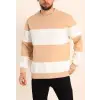 iegiyim™ Erkek 3 iplik pamuklu Parçalı Bisiklet Yaka SweatShirt - Bej