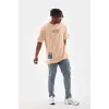 iegiyim™ Erkek  Bisiklet Yaka Baskılı Oversize T-Shirt - Bej