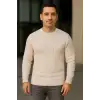 iegiyim™ Erkek Bisiklet Yaka Triko Kazak Pamuklu Kalın Fitilli Dokuma Regular Fit - Bej
