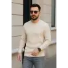 iegiyim™ Erkek Bisiklet Yaka Triko Kazak Pamuklu Kalın Fitilli Dokuma Regular Fit - Bej