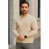 iegiyim™ Erkek Bisiklet Yaka Triko Kazak Pamuklu Kalın Fitilli Dokuma Regular Fit - Bej