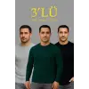 iegiyim™ Erkek Fitilli Triko Bisiklet Yaka Kalın Kazak 3lü Set Gri-Haki-Siyah