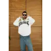 iegiyim™ Erkek Kapüşonlu 3 İplik Şardonlu Önü Baskılı Fermuarlı Oversize Sweatshirt - Beyaz