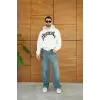 iegiyim™ Erkek Kapüşonlu 3 İplik Şardonlu Önü Baskılı Fermuarlı Oversize Sweatshirt - Beyaz