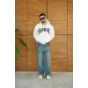 iegiyim™ Erkek Kapüşonlu 3 İplik Şardonlu Önü Baskılı Fermuarlı Oversize Sweatshirt - Beyaz