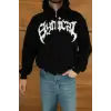 iegiyim™ Erkek Kapüşonlu 3 İplik Şardonlu Önü Baskılı Fermuarlı Oversize Sweatshirt - Siyah