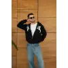 iegiyim™ Erkek Kapüşonlu 3 İplik Şardonlu Önü Baskılı Fermuarlı Oversize Sweatshirt - Siyah