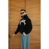 iegiyim™ Erkek Kapüşonlu 3 İplik Şardonlu Önü Baskılı Fermuarlı Oversize Sweatshirt - Siyah