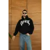 iegiyim™ Erkek Kapüşonlu 3 İplik Şardonlu Önü Baskılı Fermuarlı Oversize Sweatshirt - Siyah