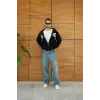 iegiyim™ Erkek Kapüşonlu 3 İplik Şardonlu Önü Baskılı Fermuarlı Oversize Sweatshirt - Siyah