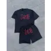 iegiyim™ Erkek Nakış İşlemeli Şortlu Kısa kol Alt-Üst Takım - Siyah