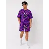 iegiyim™ Erkek Oversize Kalıp Pubg Bape X Shark Nakışlı Cepli Şort Takım - Mor