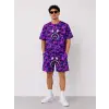 iegiyim™ Erkek Oversize Kalıp Pubg Bape X Shark Nakışlı Cepli Şort Takım - Mor
