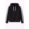 iegiyim™ Erkek Şeritli Kapüşonlu Sweatshirt Oversize 3 iplik Pamuklu Hoodei - Siyah
