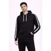 iegiyim™ Erkek Şeritli Kapüşonlu Sweatshirt Oversize 3 iplik Pamuklu Hoodei - Siyah