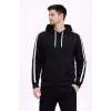 iegiyim™ Erkek Şeritli Kapüşonlu Sweatshirt Oversize 3 iplik Pamuklu Hoodei - Siyah
