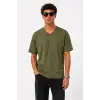 iegiyim™ Erkek V Yaka Basic Tişört Kısa Kol Yazlık Regular Fit T-Shirt - Haki