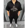 iegiyim™ Erkek Yarım Fermuarlı Baskılı Oversize T-Shirt - Siyah