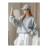 iegiyim™ Kadın 3 İplik Pamuklu Oversize Yarım Fermuarlı Yakalı Basic Sweatshirt - Gri