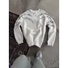 iegiyim™ Kadın 3 iplik pamuklu Yıldırım Baskılı Bisiklet Yaka SweatShirt - Beyaz