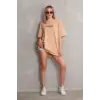 iegiyim™ kadın Bisiklet Yaka Baskılı Oversize Kısa kol T-Shirt - Bej