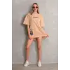 iegiyim™ kadın Bisiklet Yaka Baskılı Oversize Kısa kol T-Shirt - Bej