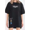 iegiyim™ kadın  Bisiklet Yaka Baskılı Oversize T-Shirt - Siyah