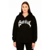 iegiyim™ Kadın Kapüşonlu 3 İplik Şardonlu Önü Baskılı Fermuarlı Oversize Sweatshirt - Siyah