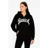 iegiyim™ Kadın Kapüşonlu 3 İplik Şardonlu Önü Baskılı Fermuarlı Oversize Sweatshirt - Siyah